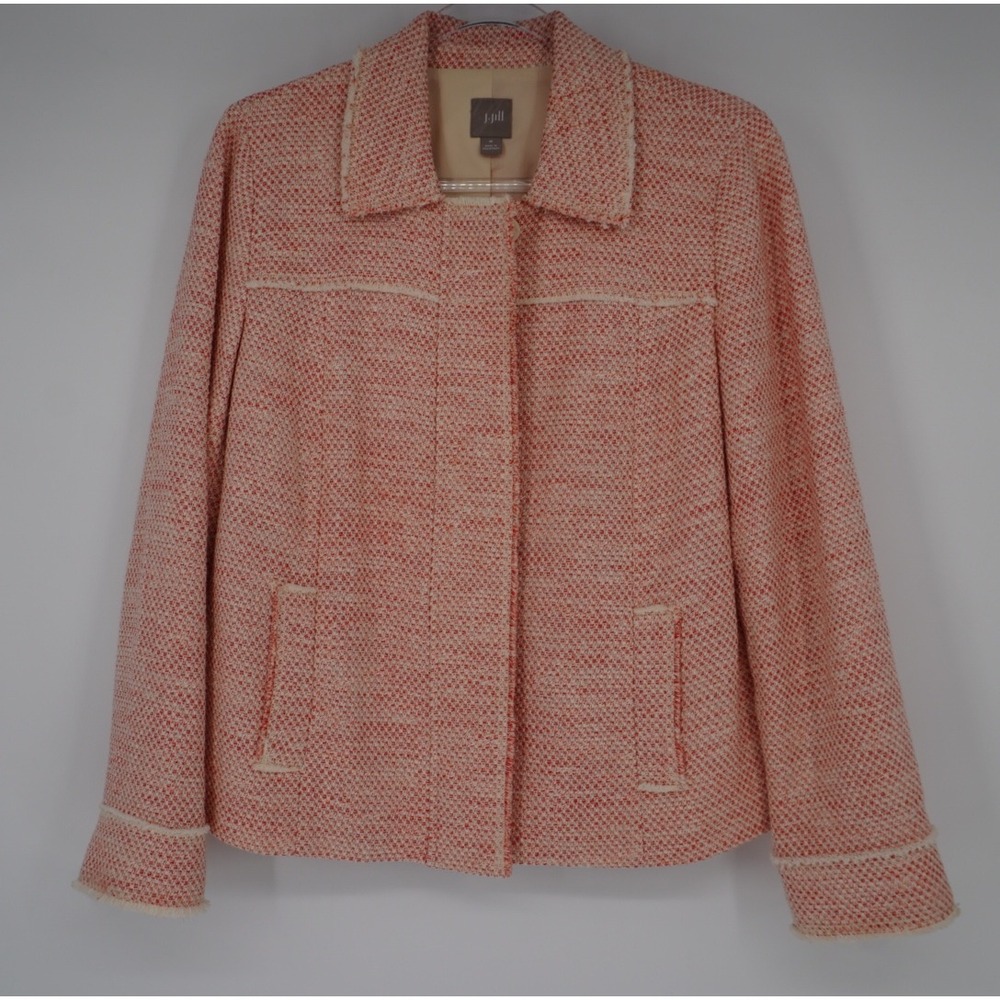 J. Jill‎ Womens Coral Pink White Tweed Fringe Zip Front Jacket Medium Blazer